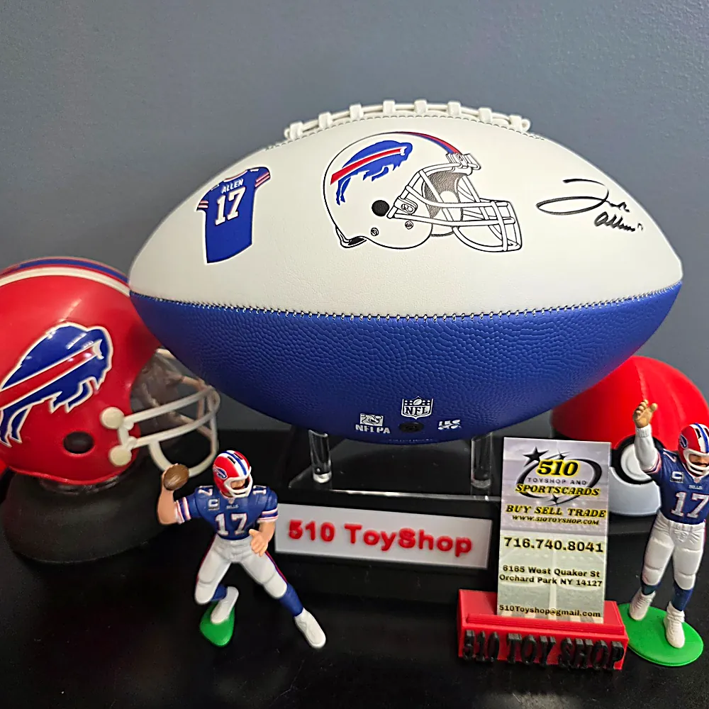 Josh Allen 2024 MVP commemorative football on display at 510 Toy Shop.